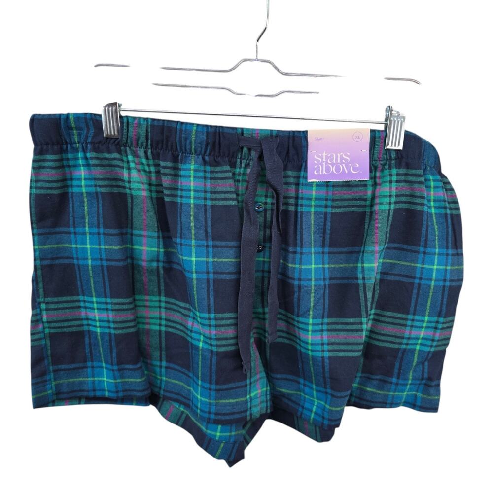 Stars Above XL Plaid Flannel Sleep Shorts Blue Green 100% Cotton Lounge Pajamas
